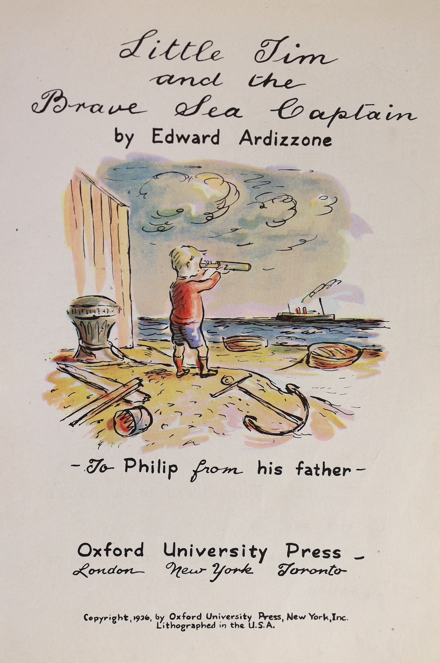 Ardizzone, Edward - Little Tim and the Brave Sea Captain. First Edition. coloured pictorial title and coloured illus. throughout; coloured pictorial boards, 4to. Oxford Univ. Press, 1936